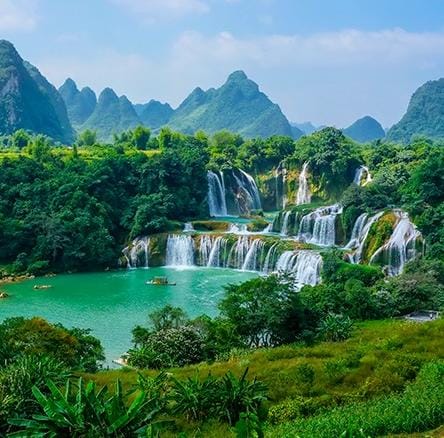 wallpaper trees, mountains, nature, boat, paradise, waterfall, beauty Wallpaper