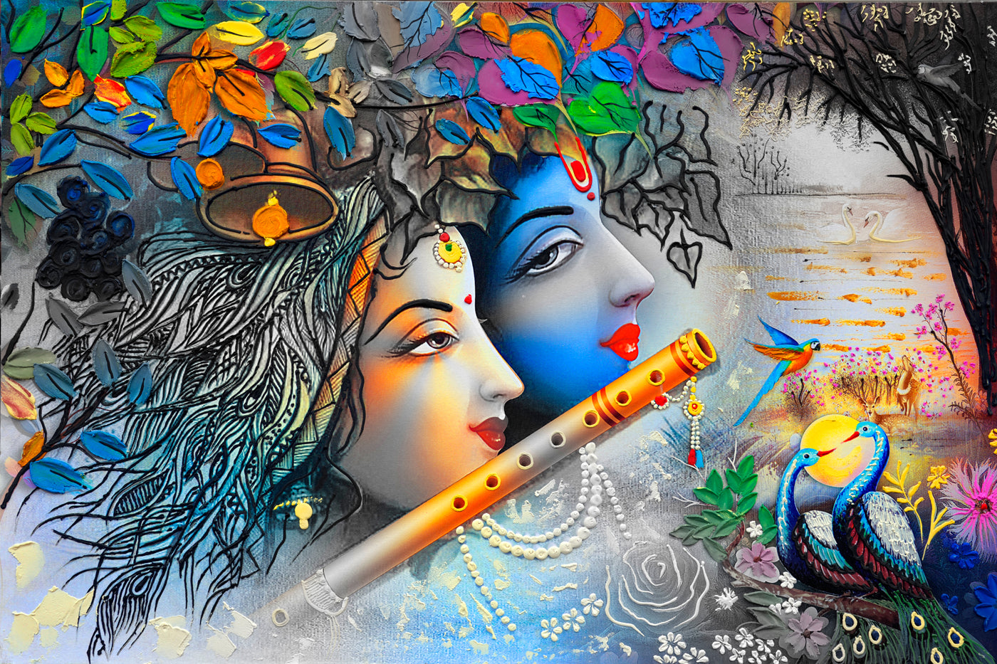 God Collection Multicolour Radha Krishna Wallpaper