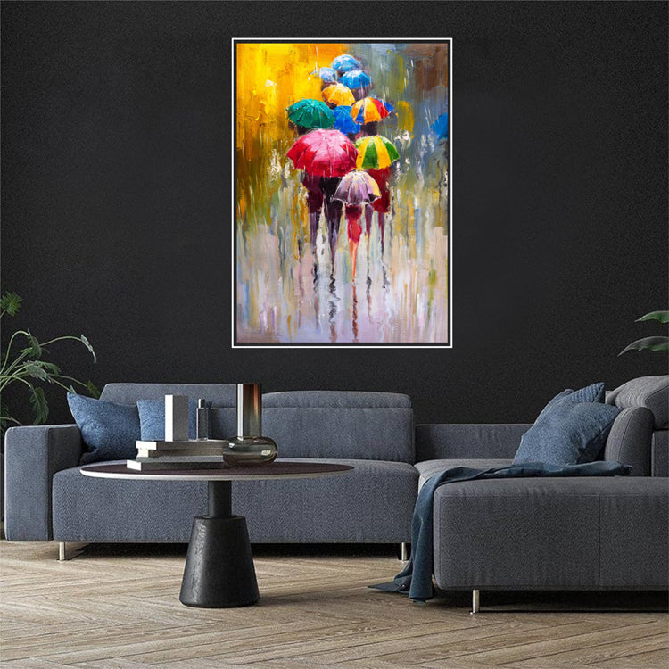 People with umbrella raining multicolored abstract Canvas photo Print only