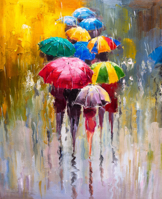 People with umbrella raining multicolored abstract Canvas photo Print only