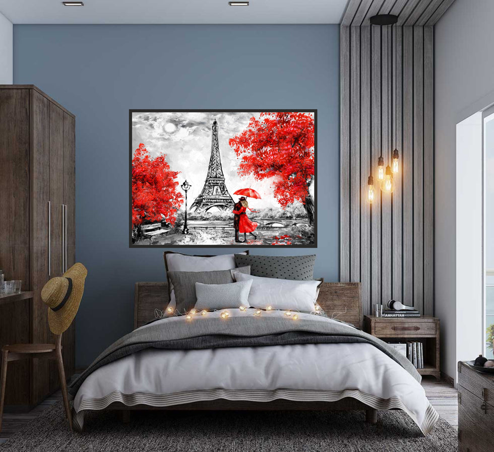 Paris Eiffel Tower Art With Love Red Tree Canvas Photo Print