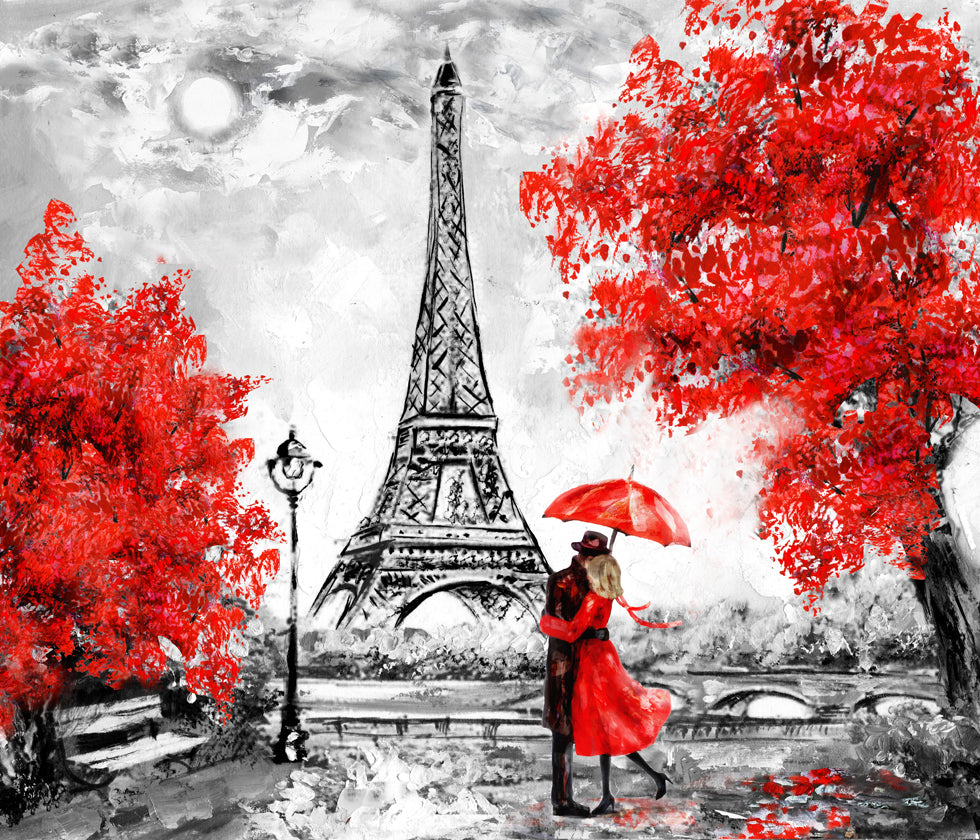 Paris Eiffel Tower Art With Love Red Tree Canvas Photo Print
