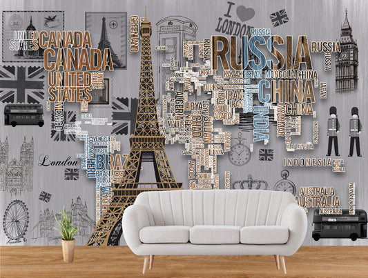 Murwall city customized wallpaper Eiffel tower with all country name wall mural,make your office with this Exclusive mall mural