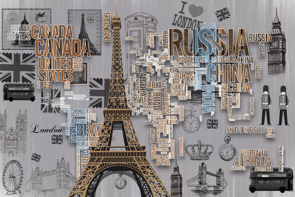 Murwall city customized wallpaper Eiffel tower with all country name wall mural,make your office with this Exclusive mall mural