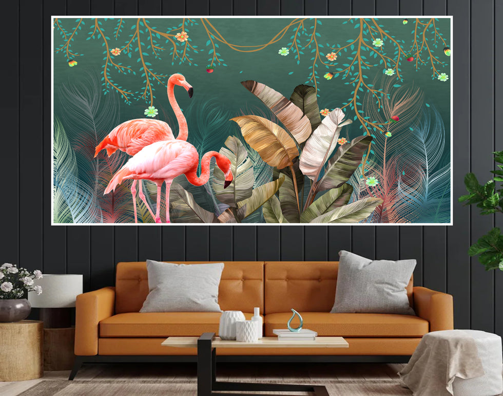 Pink Flamingo nature tropical leaves palms photo print (canvas)