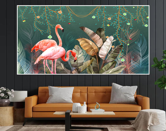 Tropical Leaves Flamingo Canvas Frame