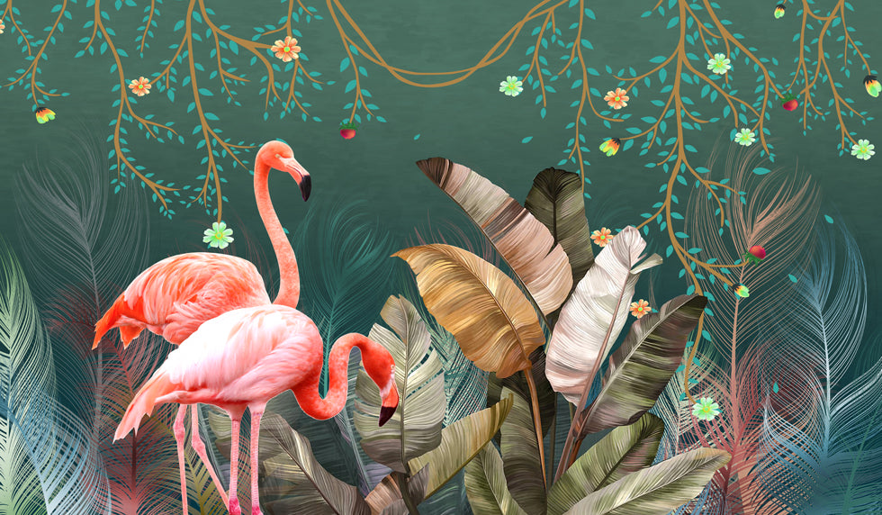 Pink Flamingo nature tropical leaves palms photo print (canvas)