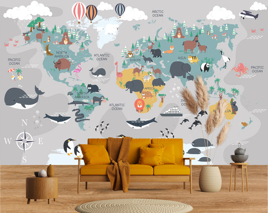 World map with animal them wall mural,best option for kids room for educational Purpose, non-woven washable