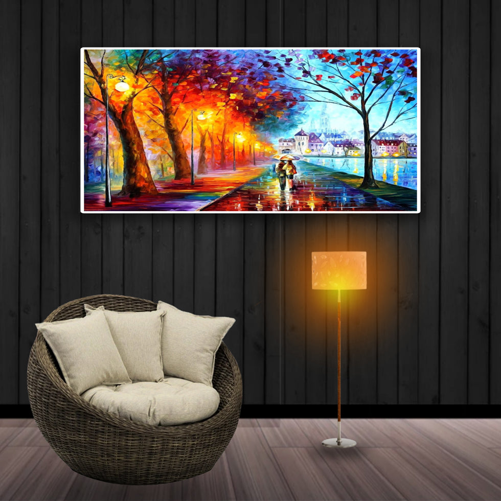 Painting of couple walking on streets under umbrella photo frame (canvas)