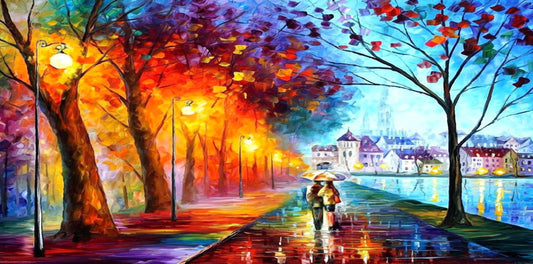 Painting of couple walking on streets under umbrella photo frame (canvas)