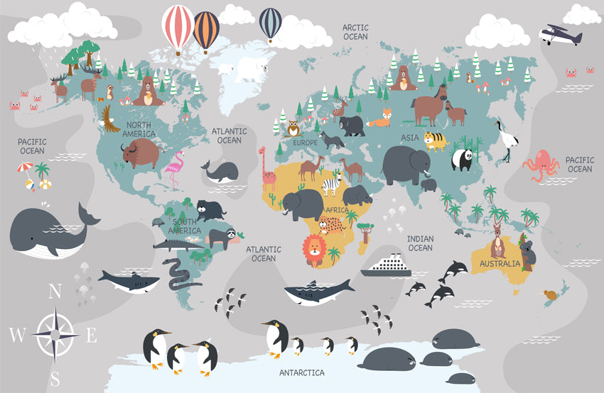 World map with animal them wall mural,best option for kids room for educational Purpose, non-woven washable