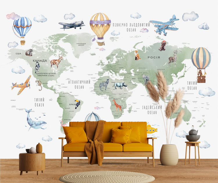 Wall mural with airplanes and airballon on world map them,non-woven washable