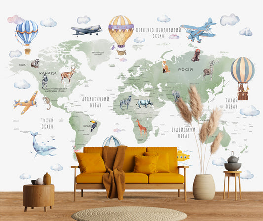 Wall mural with airplanes and airballon on world map them,non-woven washable