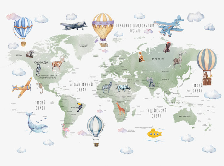 Wall mural with airplanes and airballon on world map them,non-woven washable
