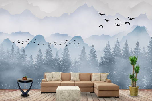 Birds Flying Away By Mountain Range