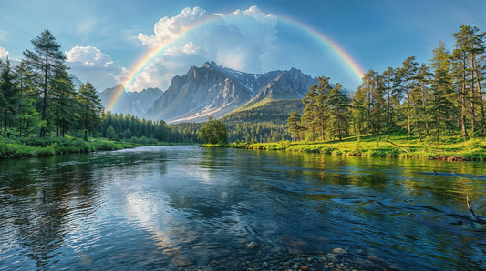 Mountain Lake with a Rainbow Reflected in the Water Wallpaper