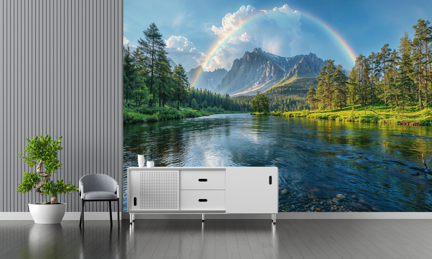 Mountain Lake with a Rainbow Reflected in the Water Wallpaper
