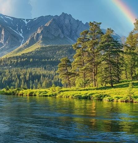 Mountain Lake with a Rainbow Reflected in the Water Wallpaper