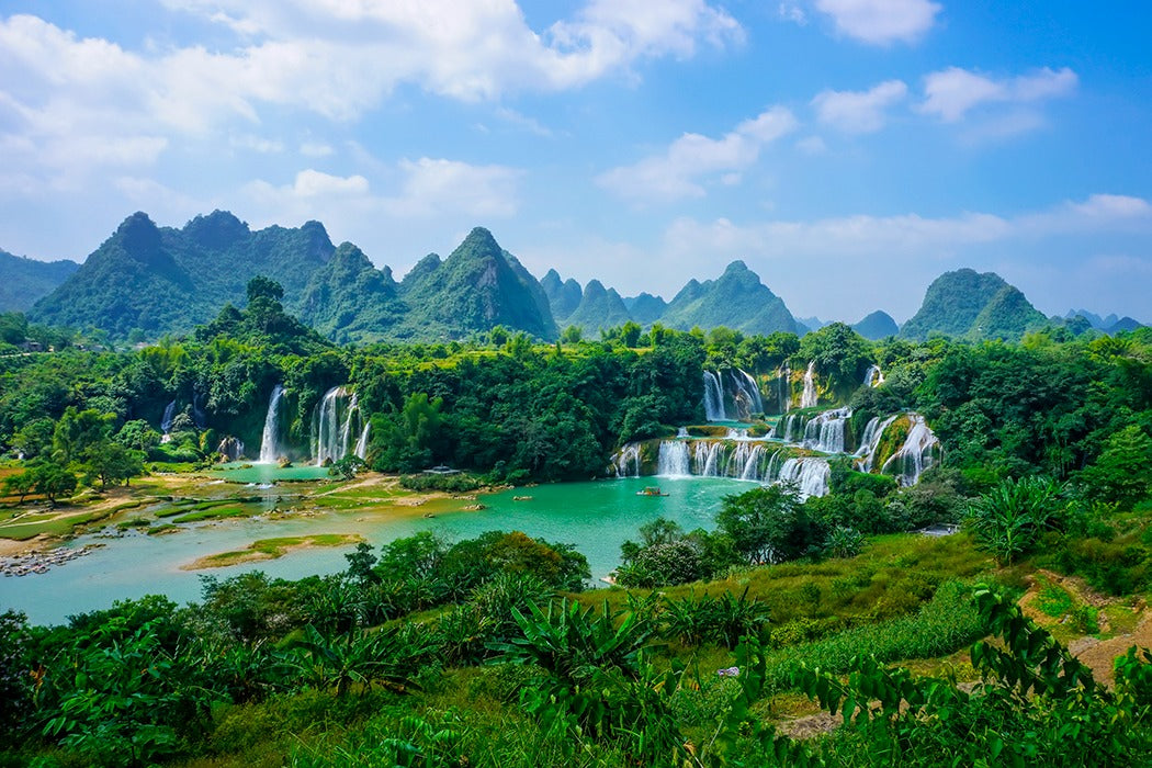 wallpaper trees, mountains, nature, boat, paradise, waterfall, beauty Wallpaper