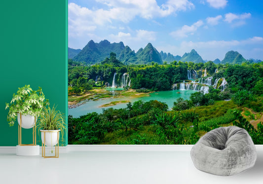 wallpaper trees, mountains, nature, boat, paradise, waterfall, beauty Wallpaper