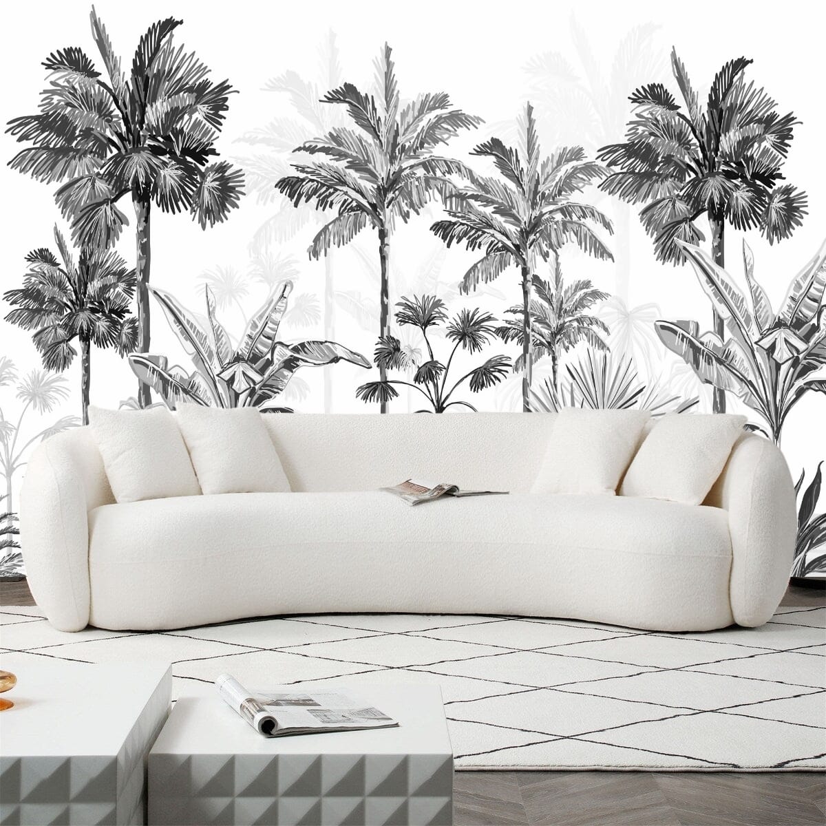 A black and white palm tree pattern with a white