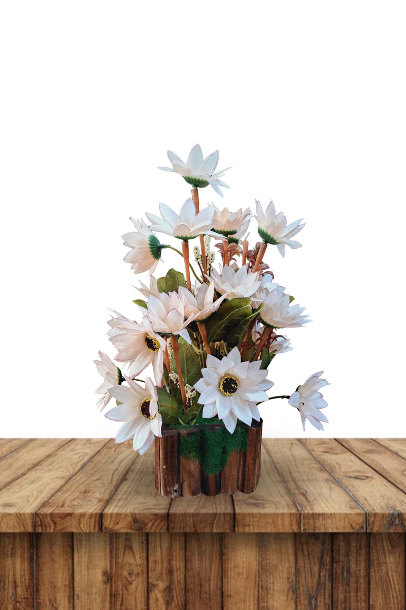 Antique Wooden Base White Sunflower Pot