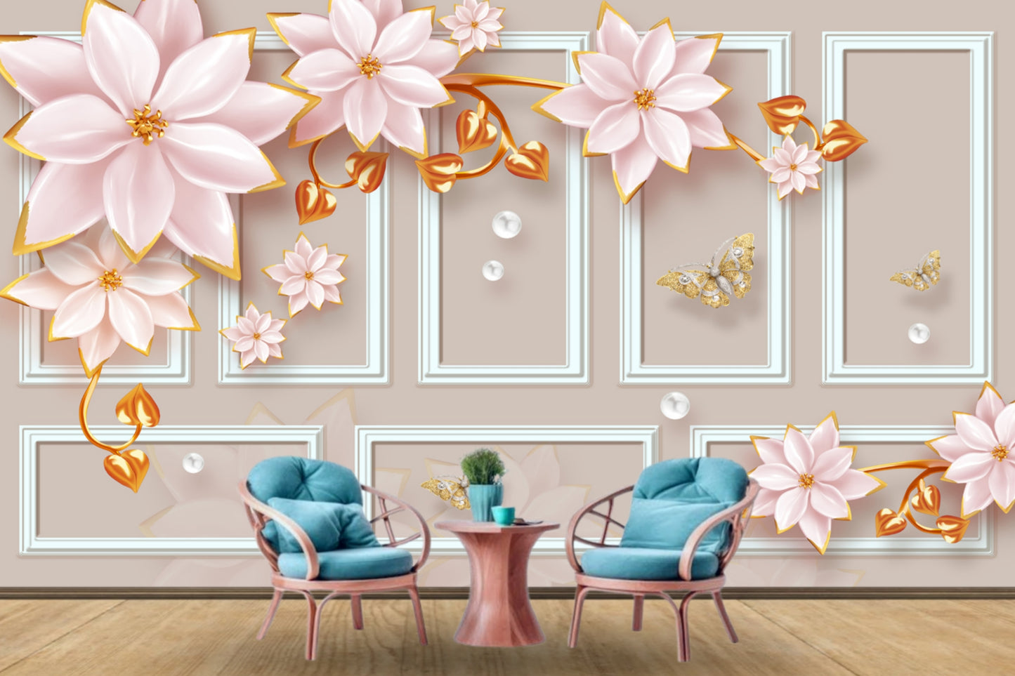 Exclusive Framing With Flowers Customized Wallpaper