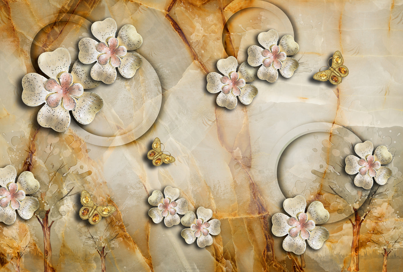 Golden Theme Customized Floral Wallpaper