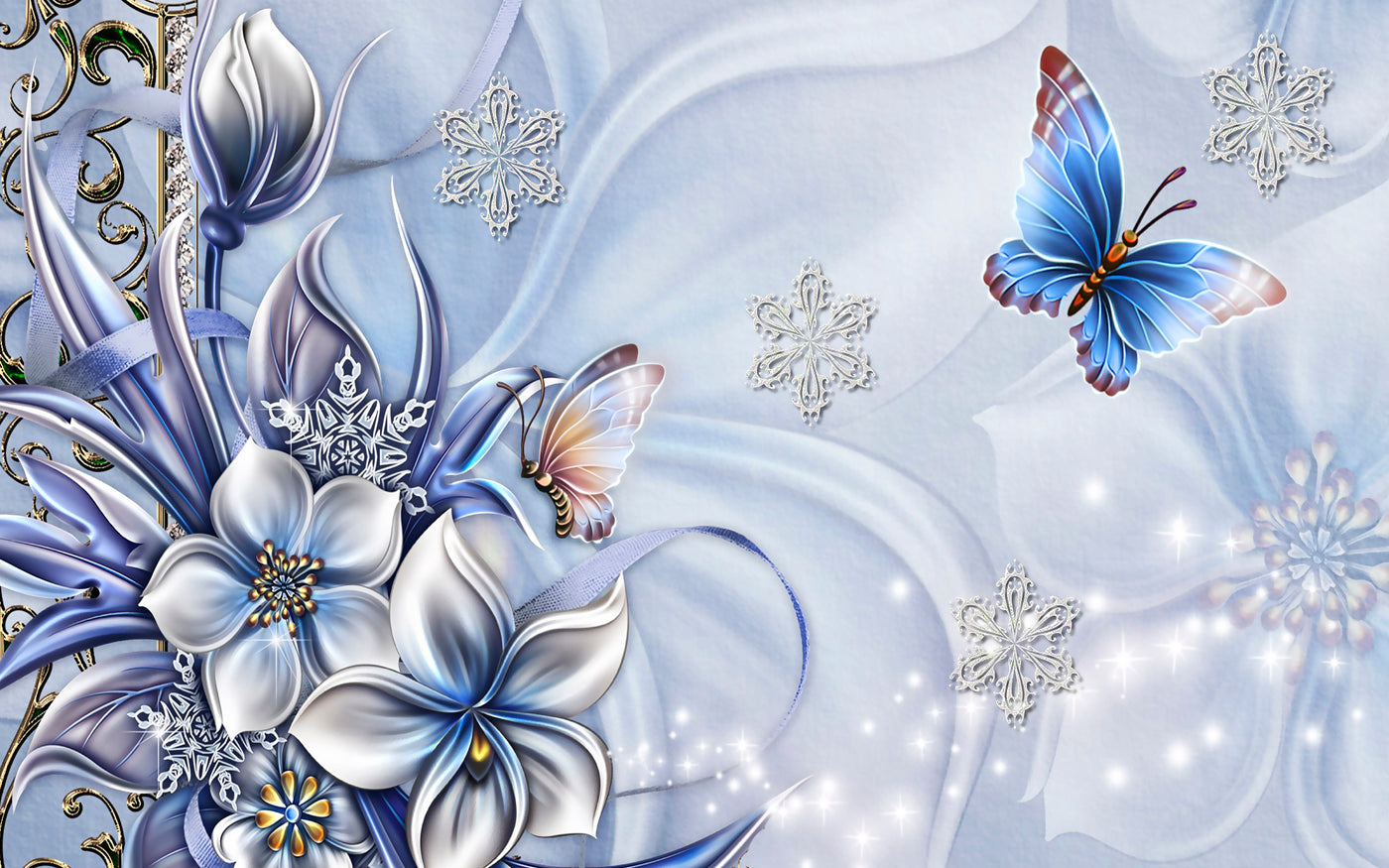 Sky Blue Theme Butterfly And Flower Theme Wallpaper