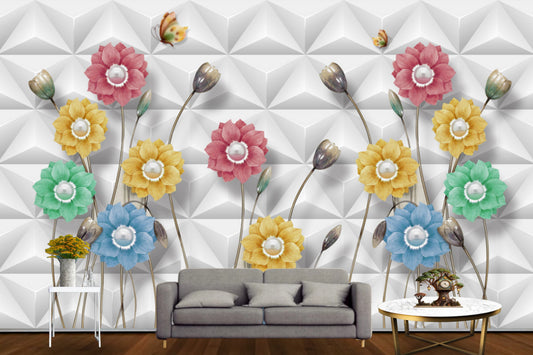 3D Background With Multicolour Flowers Wallpaper