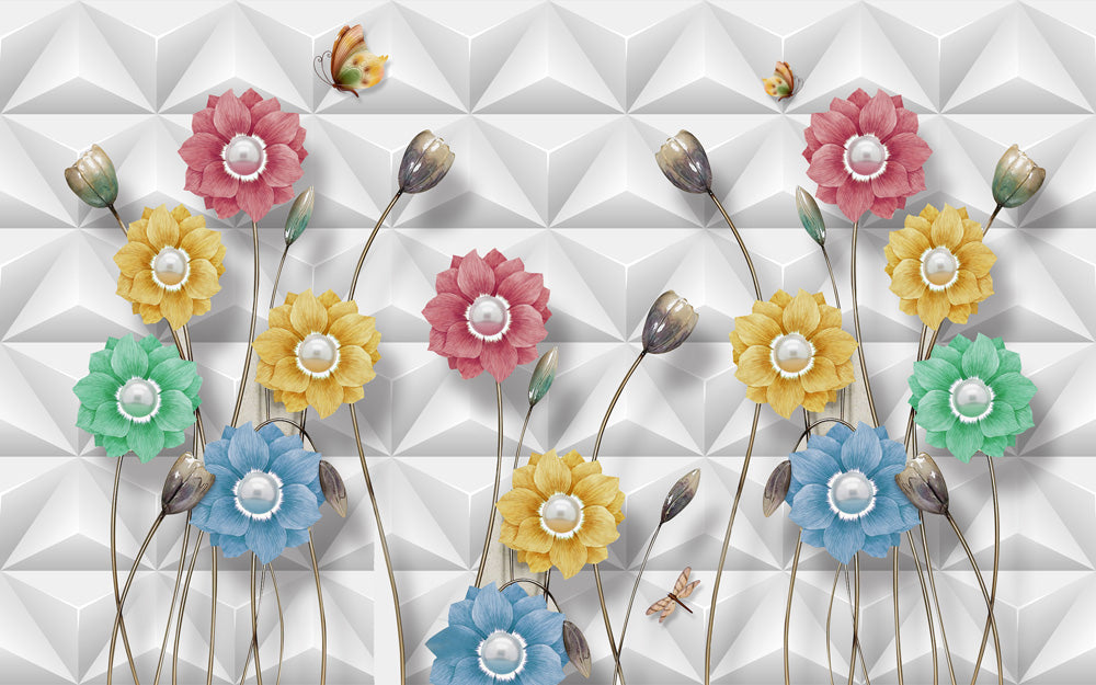 3D Background With Multicolour Flowers Wallpaper