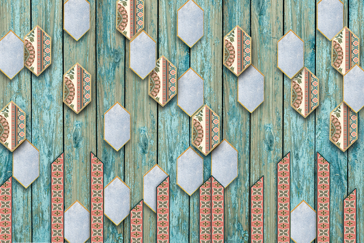 Geometric Wooden Sky Blue Texture With Traditional Design Wallpaper