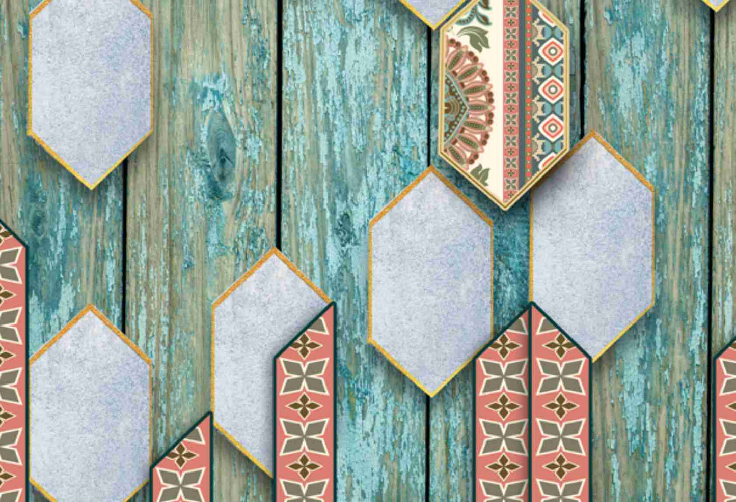 Geometric Wooden Sky Blue Texture With Traditional Design Wallpaper