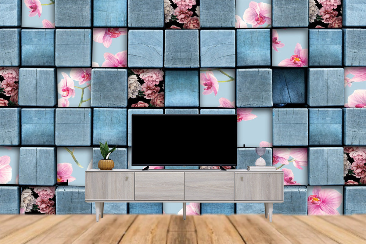 Geometric  Box With Floral Design Wallpaper