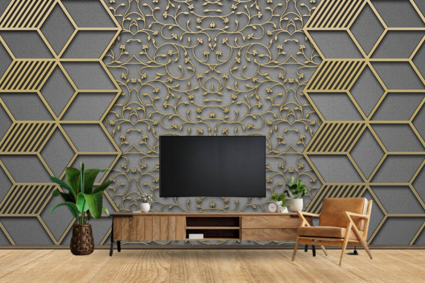 Geometric Pattern With Leaves Wallpaper