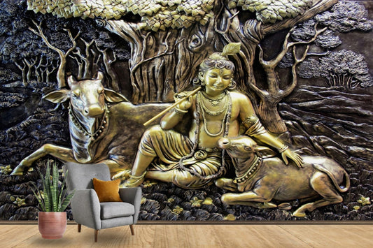 God Collection Mural Krishna With Cows Wallpaper