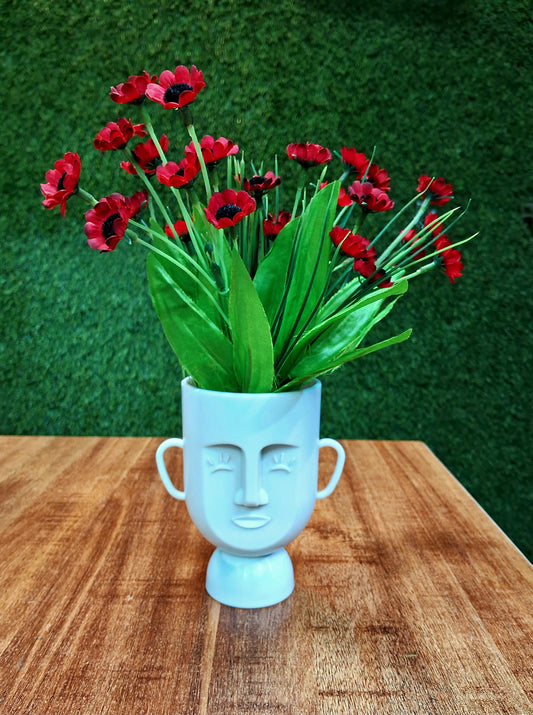 Antique Face White Base Red Flower Pot