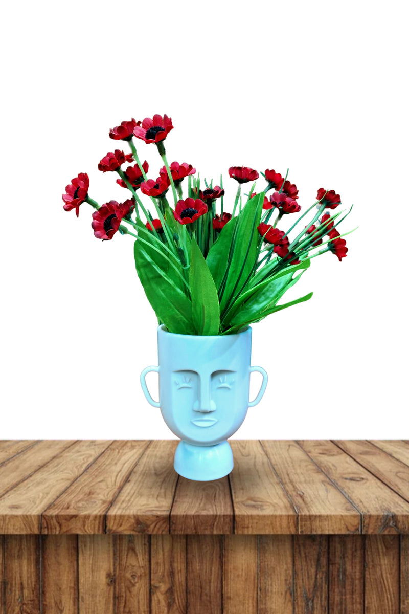 Antique Face White Base Red Flower Pot