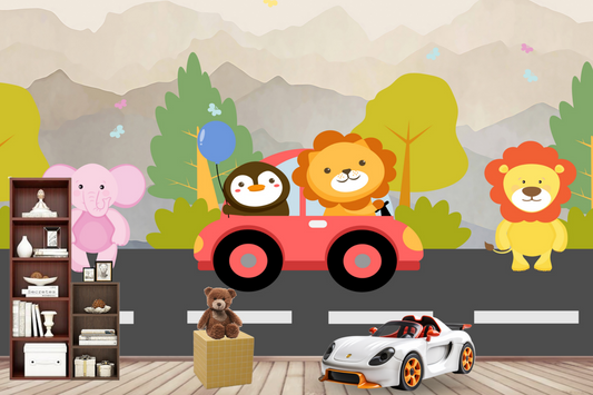 Driving Car Cartoon Animal 2 Kids Wallpaper