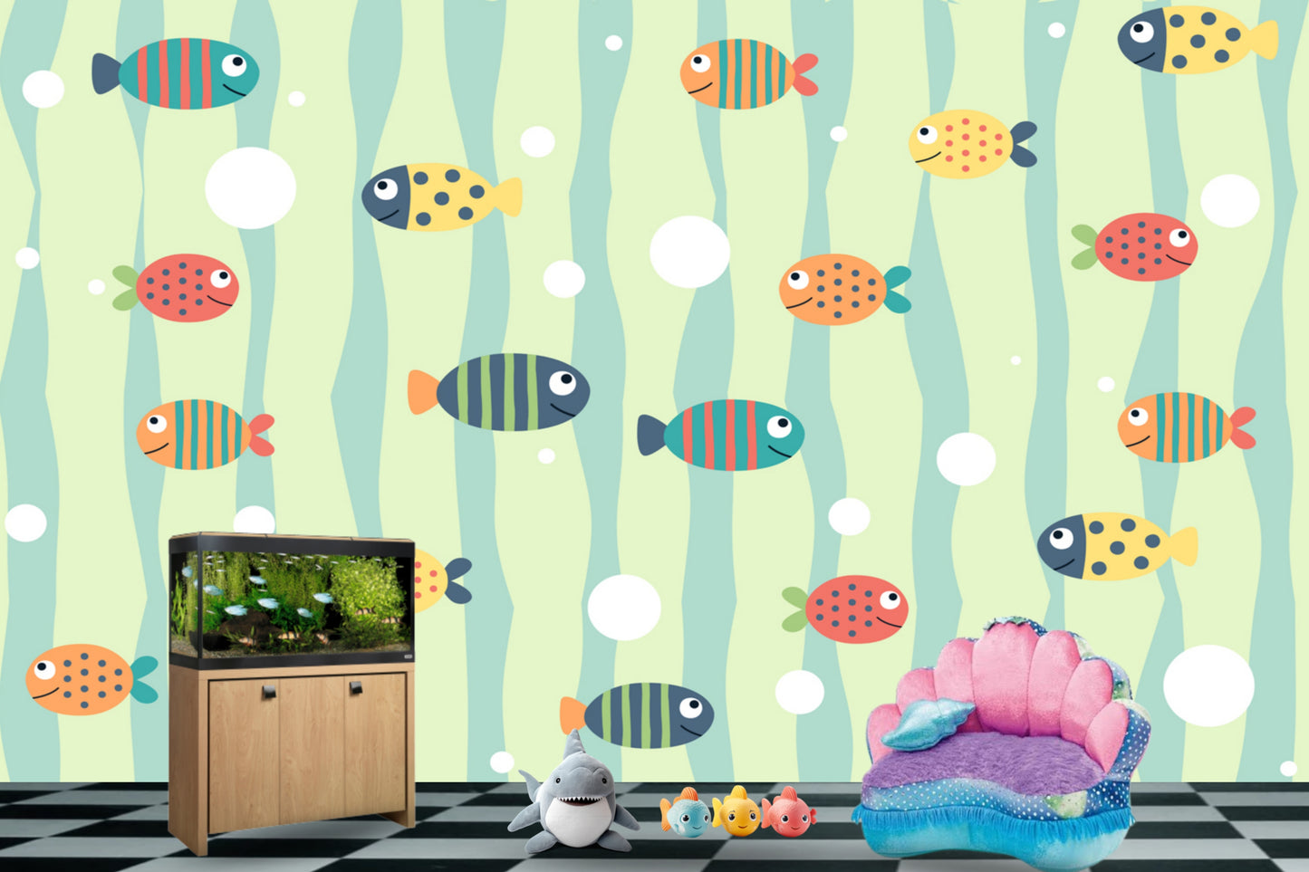 Cartoon Fish Swimming Kids Wallpaper