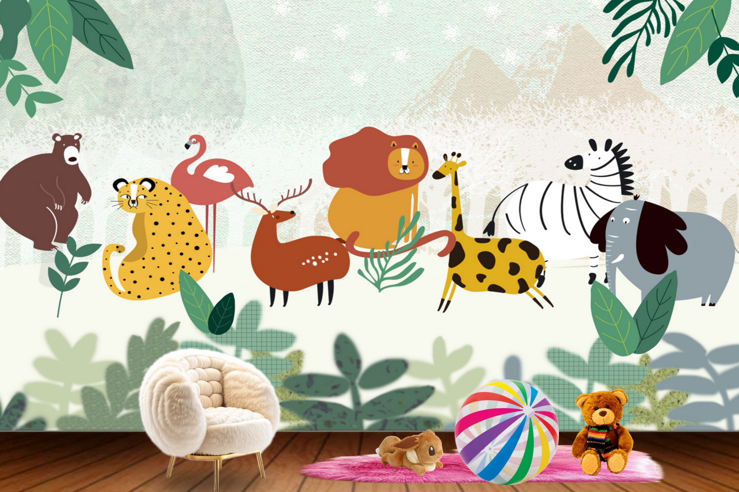 Wild Animal Cartoon Theme Kids Wallpaper