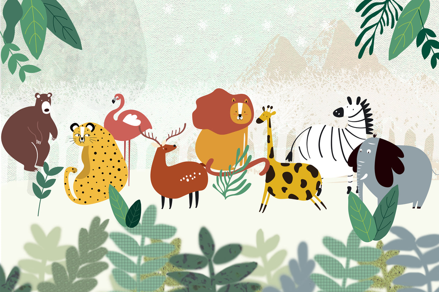 Wild Animal Cartoon Theme Kids Wallpaper