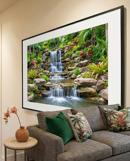 Waterfall With Full White step Water with greenery