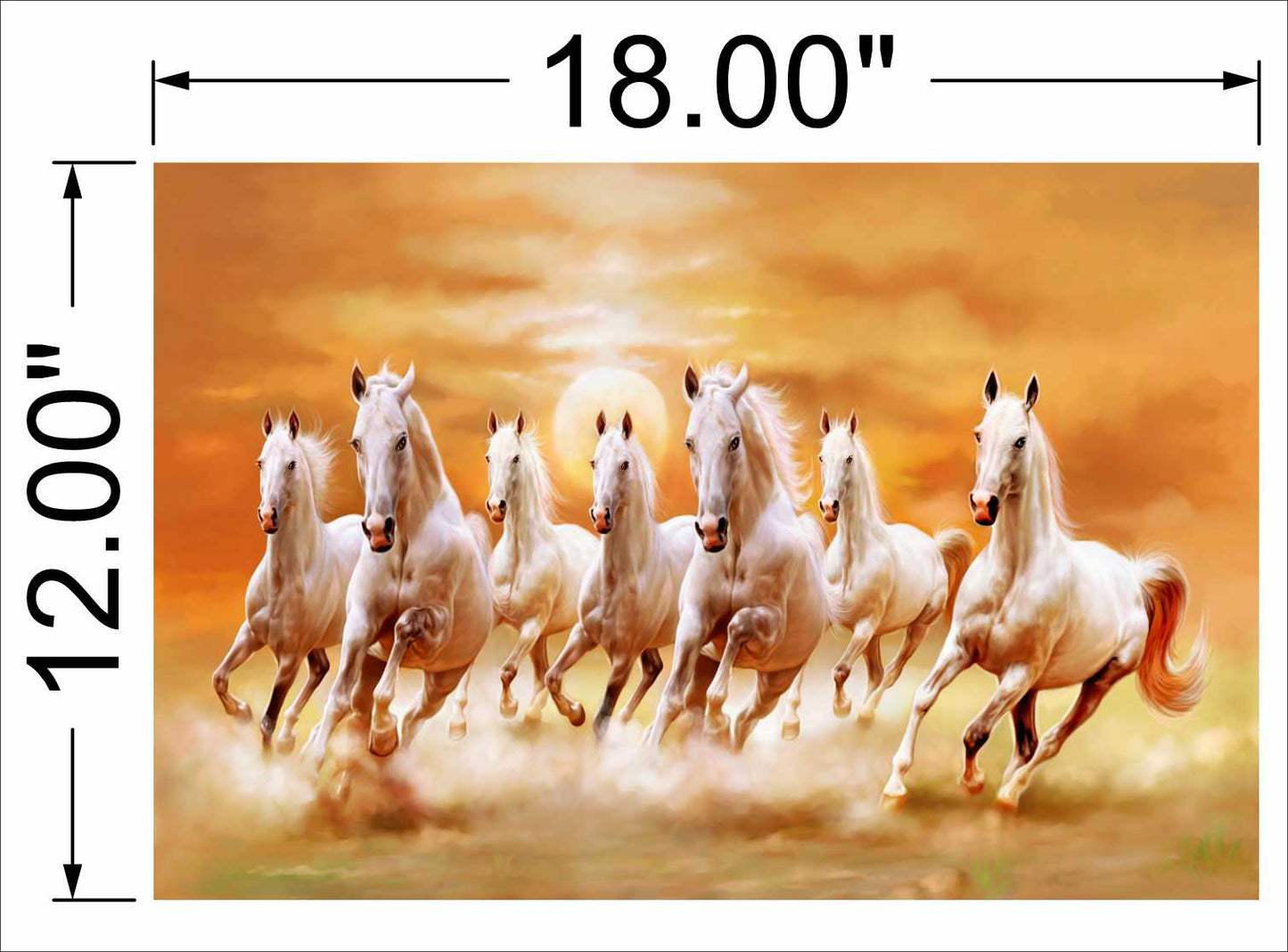 7 horses running on soil sunrise orange background