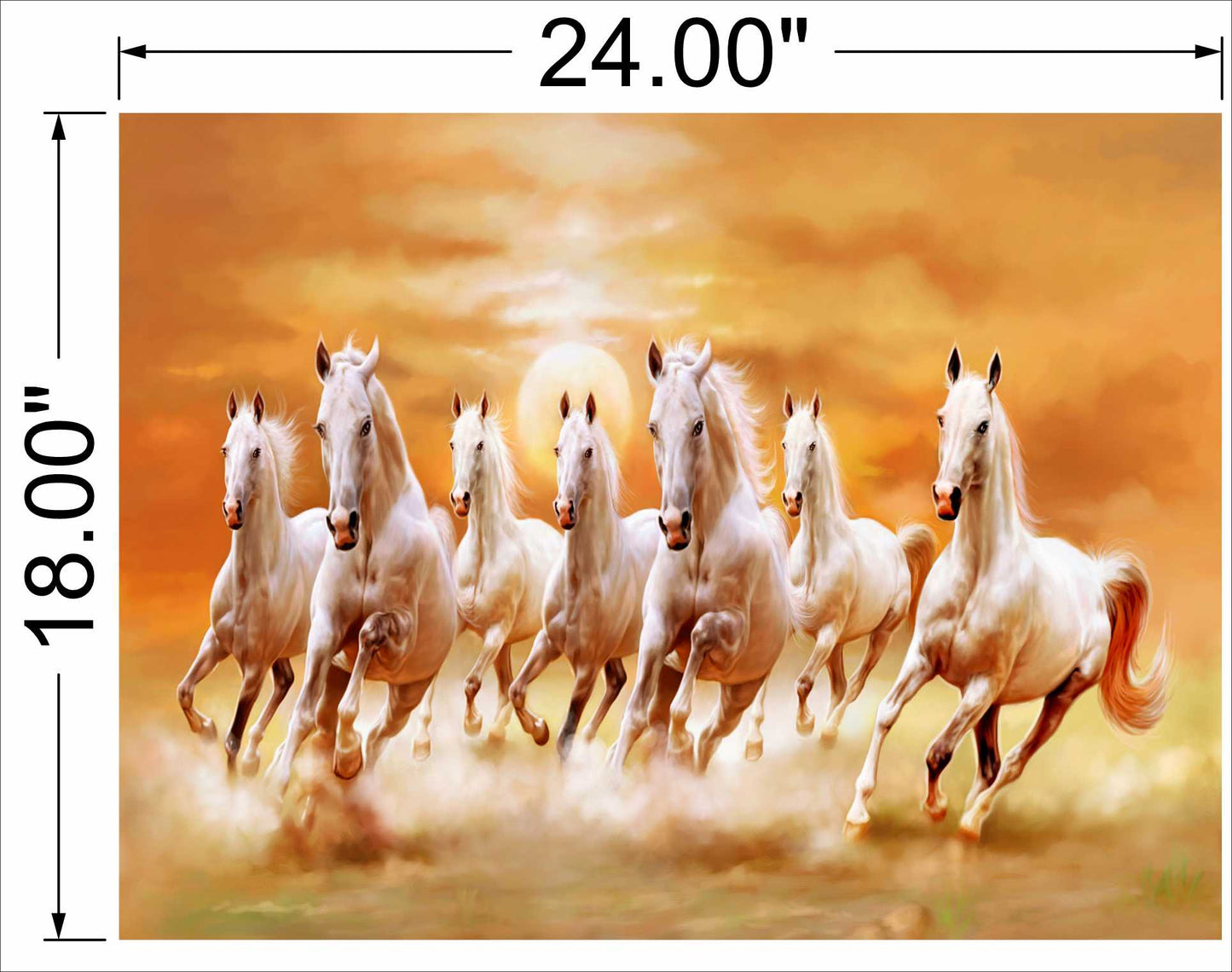 7 horses running on soil sunrise orange background