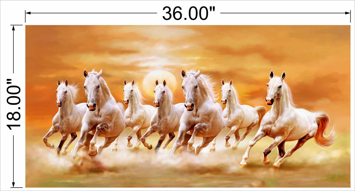 7 horses running on soil sunrise orange background
