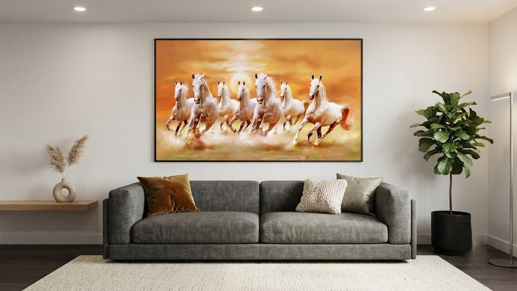 7 horses running on soil sunrise orange background
