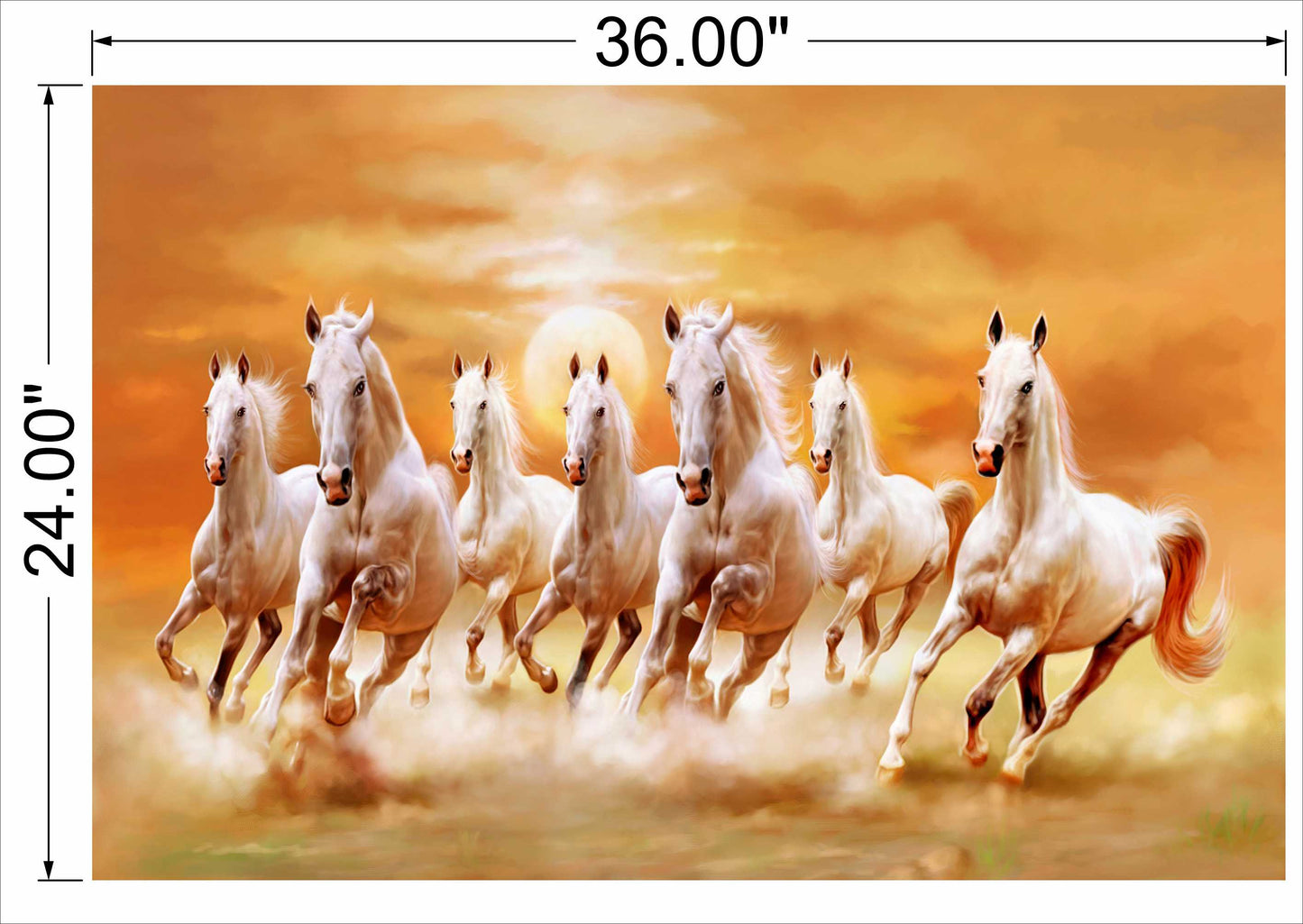 7 horses running on soil sunrise orange background