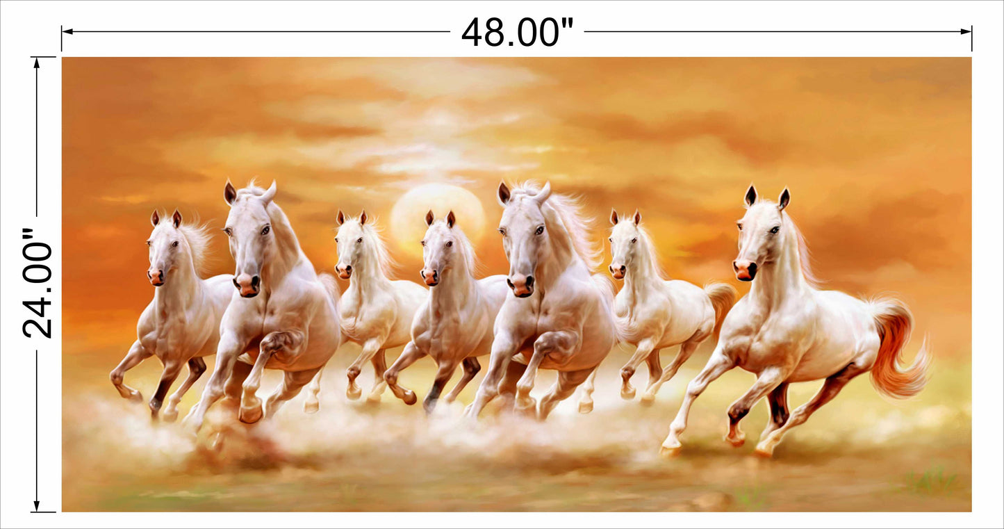 7 horses running on soil sunrise orange background
