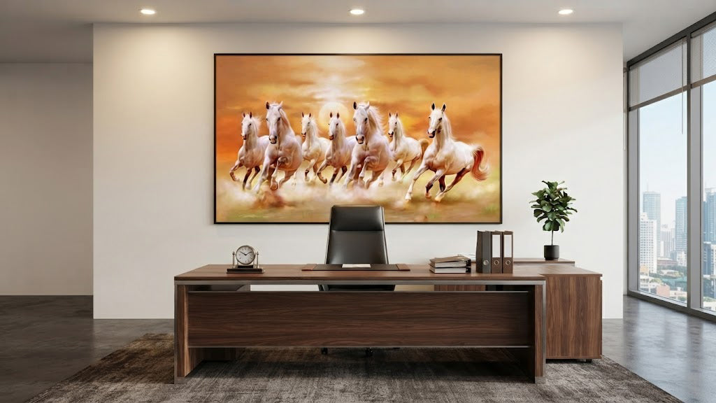 7 horses running on soil sunrise orange background